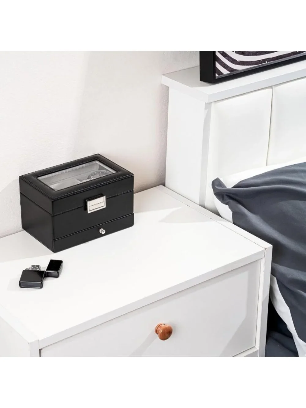 Elegant 3-Slot Watch Display Case with Drawer - Stylish Black Storage Box